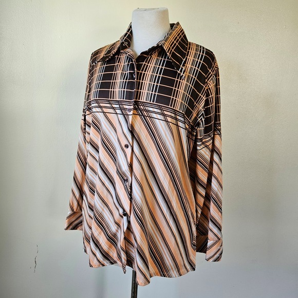 1955 Vintage Tops - Vintage 70s Brown Peach Gray Stripe Plaid Polyester Disco Dagger Collar Shirt L
